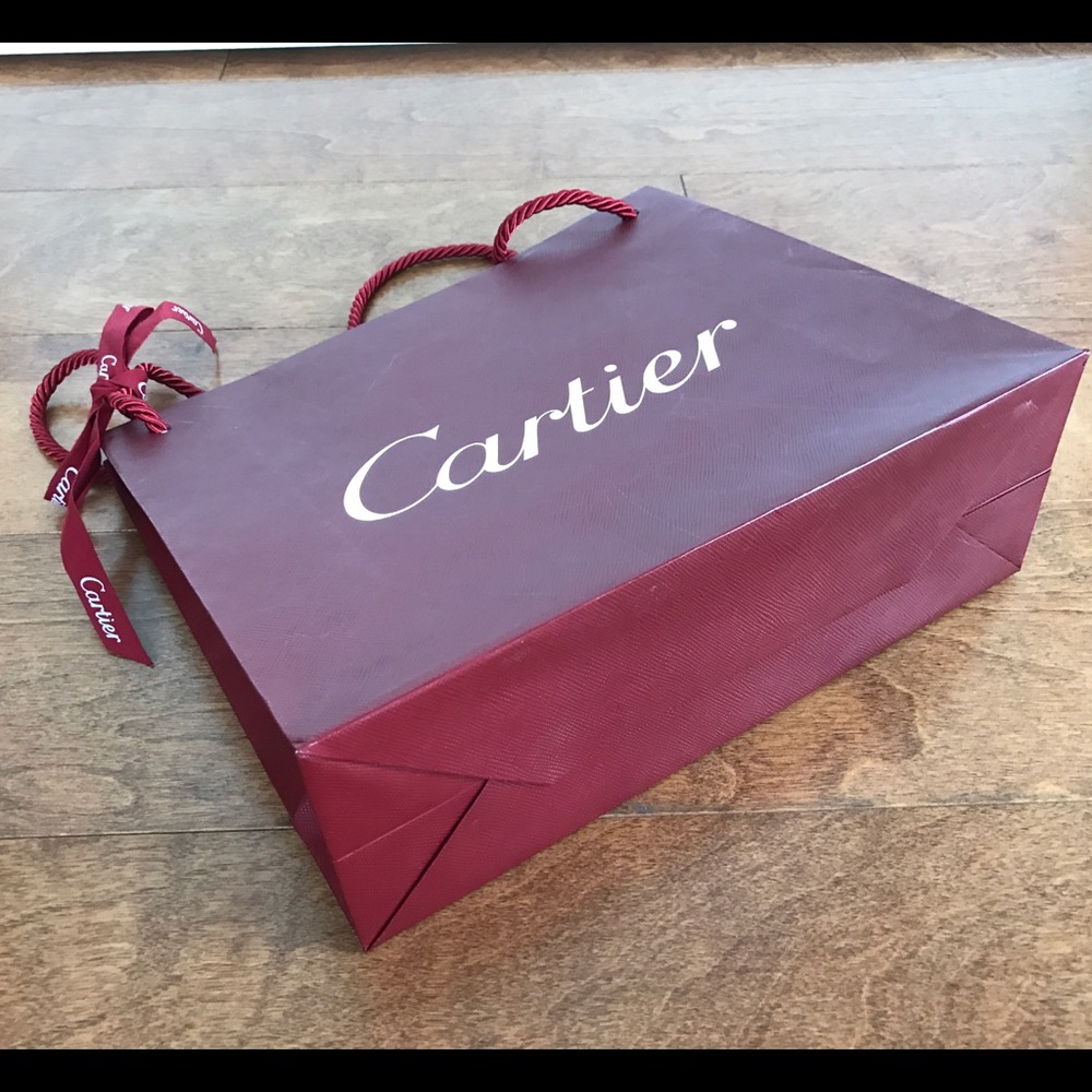Cartier red paper shopping bag silver logo lettering XS mint condition w ribbon